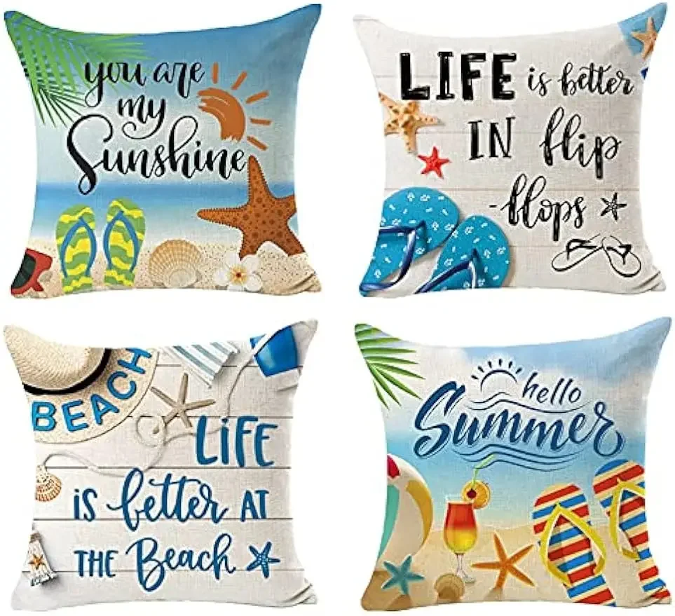 

Summer life on the beach starfish square linen decorative pillowcase cushion cover bedroom family sofa 45X45cm