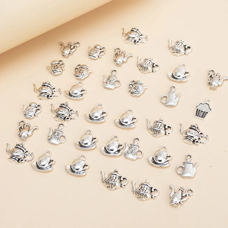 New 35pcs/lot Mixed Tibetan Silver Color Cup Teapot Charms Pendants DIY Handmade Crafts Bracelet for Jewelry Making Accessories