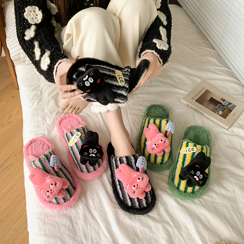 Super popular velo dos desenhos animados gato decoração outono-inverno antiderrapante casa senhoras interior ao ar livre chinelos macios felpudos