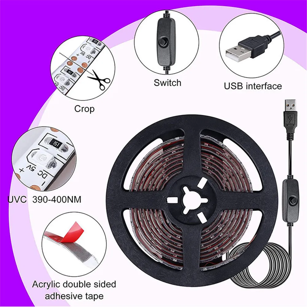 UV levou luz de tira, 5v, 395-405nm, smd2835, raio ultravioleta, diodo, fita de luz roxa, usb com interruptor, 60leds/m