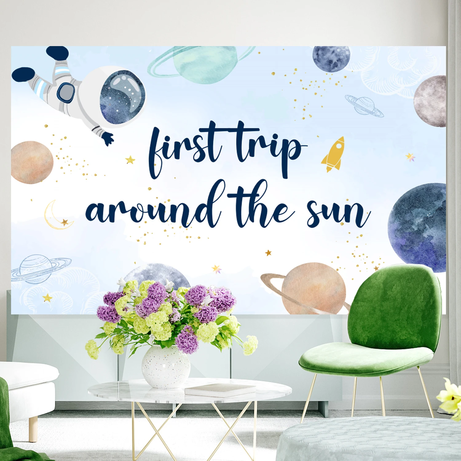 Space Astronaut Theme First Trip Around the Sun Background with Starry Sky Alien Planet Pattern Boy Baby Shower Party Supplies