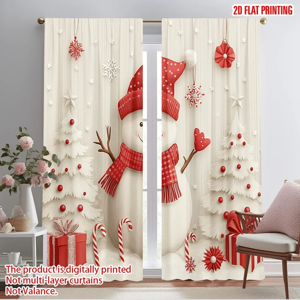 2pcs,2D plane printing Curtains Digital Printed Cute Snowman Christmas Trees Gifts Versatile Durable Polyester (without rod)