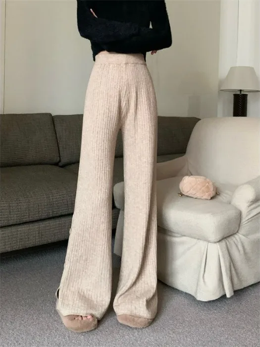 فضفاض بنطال ذو قصة أرجل واسعة المرأة الخريف الشتاء عادية عالية الخصر سستة مستقيم شريط محبوك الطابق طول بنطلون