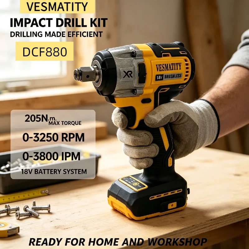 Impact Vesmatity DCF880 Brushless Cordless Driver 3250RPM 3800IPM 205N.m Multifunctional Drill for 20V Battery High Performance