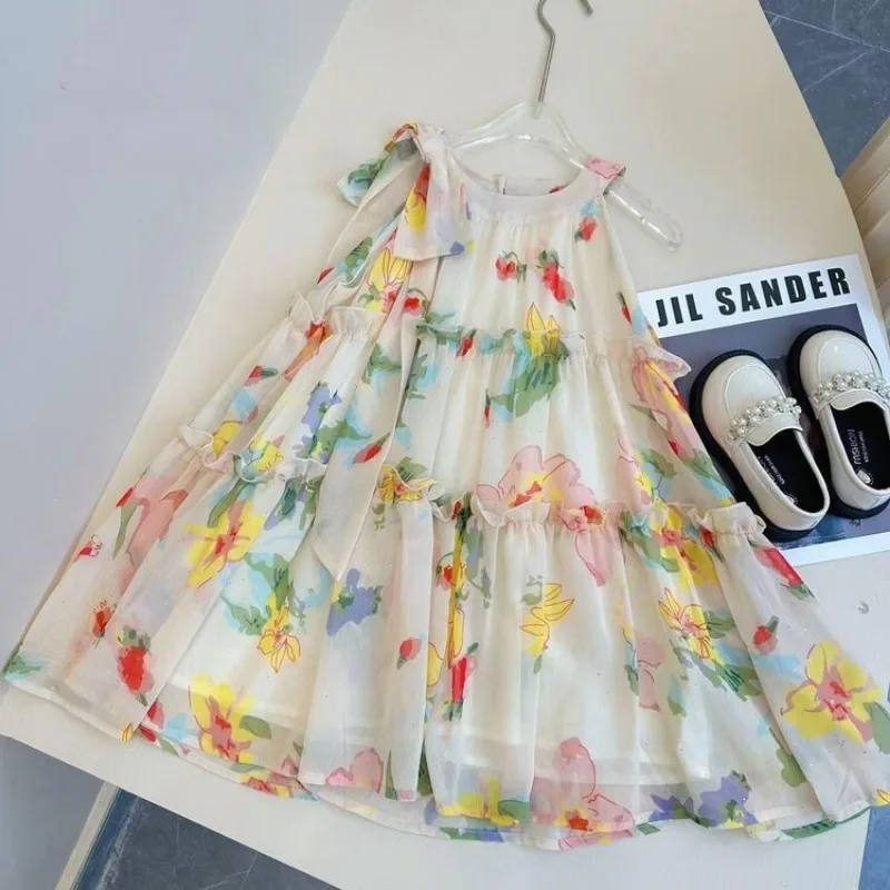 New Girls Summer Dress Children\'s Flower Chiffon Beach Strap Dress Fragmented Flower Fashion Kids Clothes Holiday Dress 2-6 Year