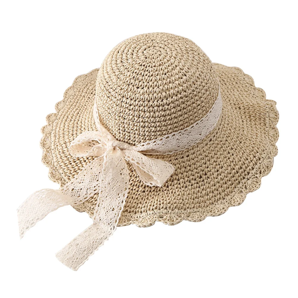 البيج مقوس دانتيل القش واسعة حافة الشمس حماية قبعة قابلة للطي الصيف قبعة للشاطئ حجم M 56-58 سنتيمتر المشي لمسافات طويلة التخييم في الهواء الطلق