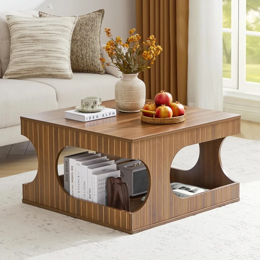 

31.5" Square Coffee Table with Storage, Mid-Century Modern Center Table with Arched Cutouts and Carved Lines, 2-Tier Tea Table f