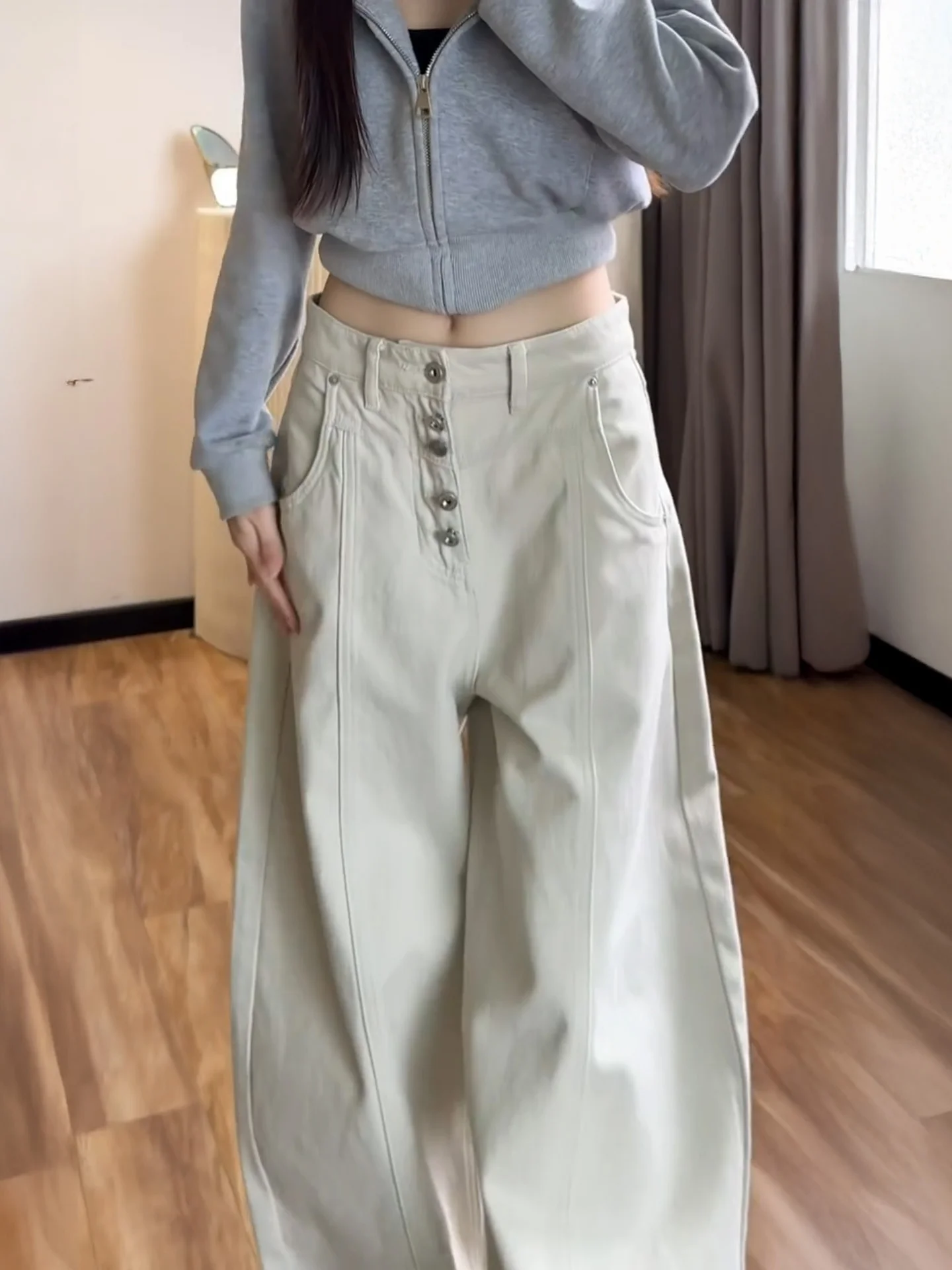 High Waist Loose Wide Leg Jeans Women's Grey White American Retro Knife  Denim Pants Autumn New Style plus Size