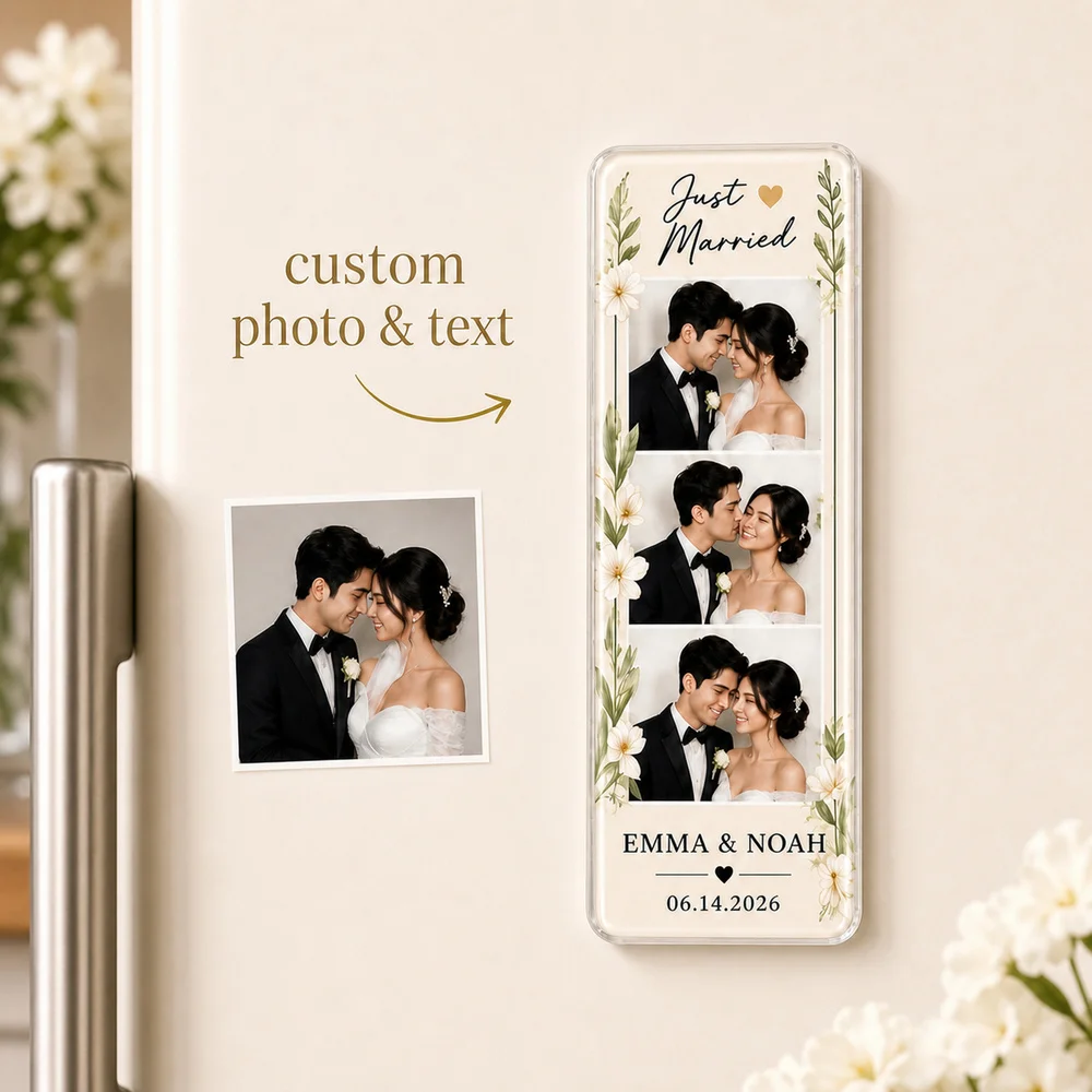 Custom Photo Wedding Fridge Magnet,Personalized Names And Date,Floral Couple Portrait Keepsake,Wedding Decor,Engagement Gift
