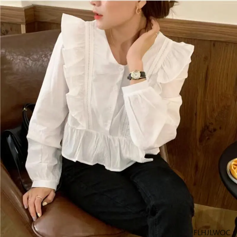 Korean Chic Fashion Clothes Autumn Womens Long Sleeve Cute Sweet Tops Girls Solid Ruffles Peplum Baby Shirt Tops Short Blusas