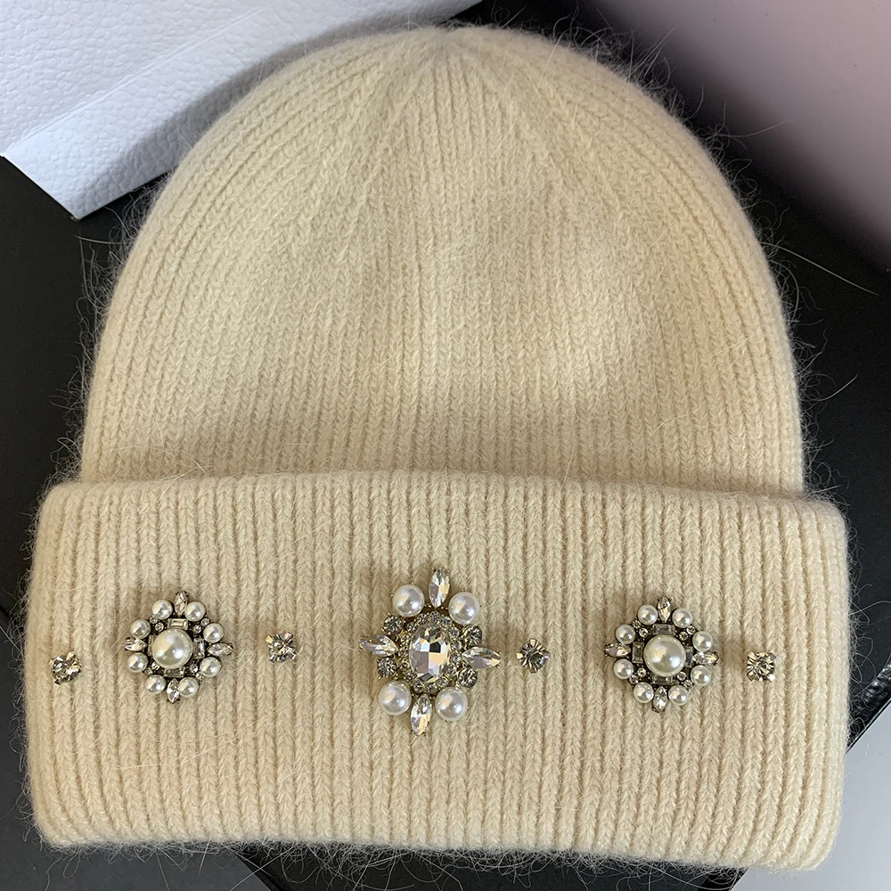 Designer Brand Women Winter Hats Luxury Rhinestones Rabbit Fur Knitted Hat Female Thicken Warm Knit Bonnet Skullies Beanies