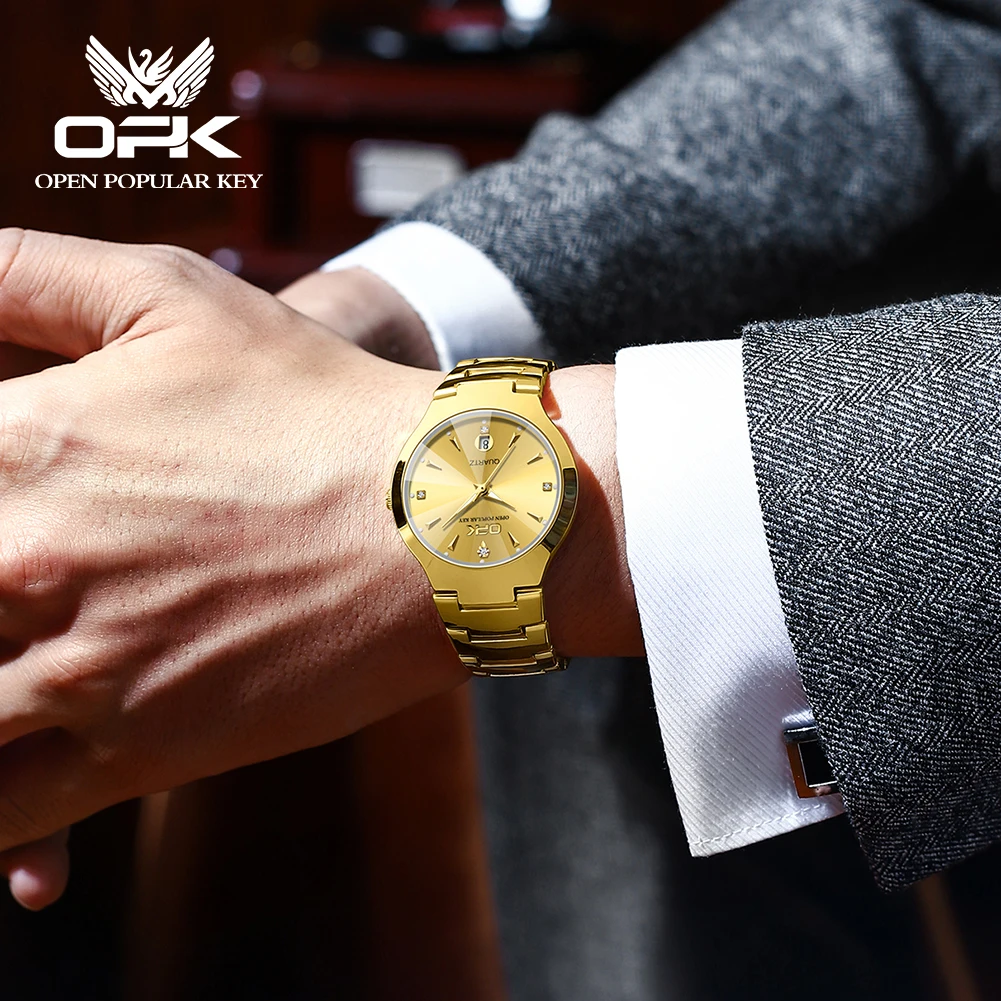 Imagem -04 - Opk-relógio Quartz em Aço de Tungstênio Masculino e Feminino Todo Dourado Impermeável Luxo Elegante Data Semana Casal Fashion