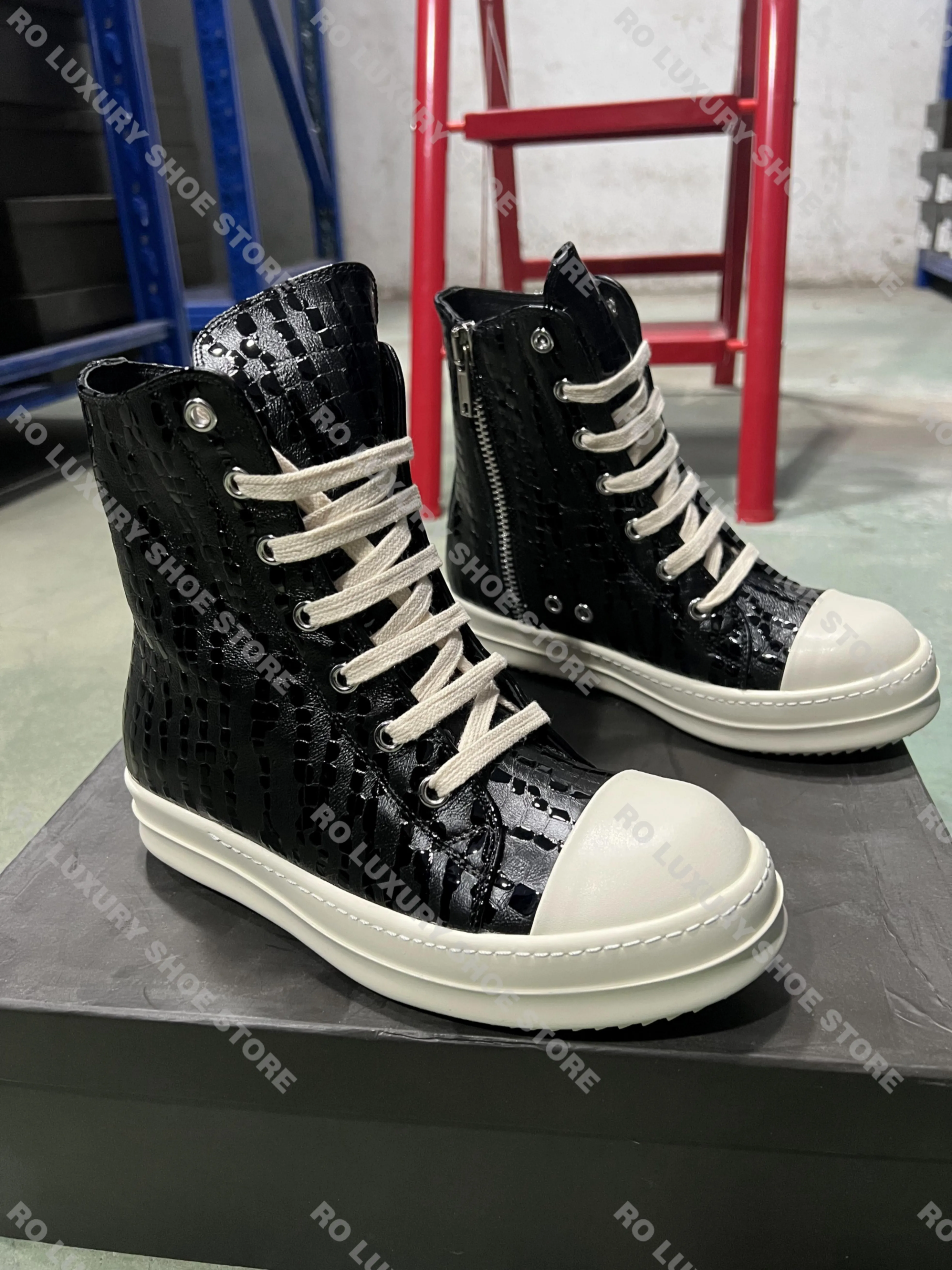 Brand Men Sneaker Casual Women Trainer High Top Water Drop Black Designer Leather Shoe Zipper Luxury Trainer Street Flat Shoe