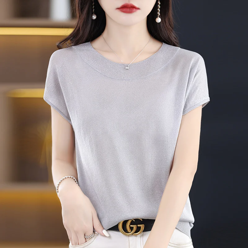 2024 Summer New 100% Wool Short sleeved Women\'s Loose O-neck T-shirt with Fine Imitation Knitted Stripe Half Sleeve Top