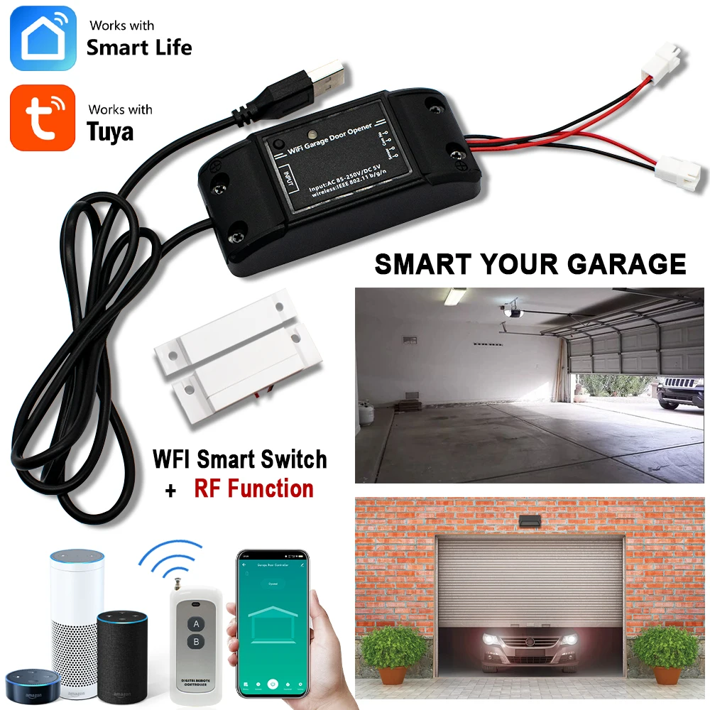 Tuya Smart WIFI Garage Door Opener Controller RF 433 Control Open & Close by Phone APP No Need Hub Compatible Alexa&Google Home