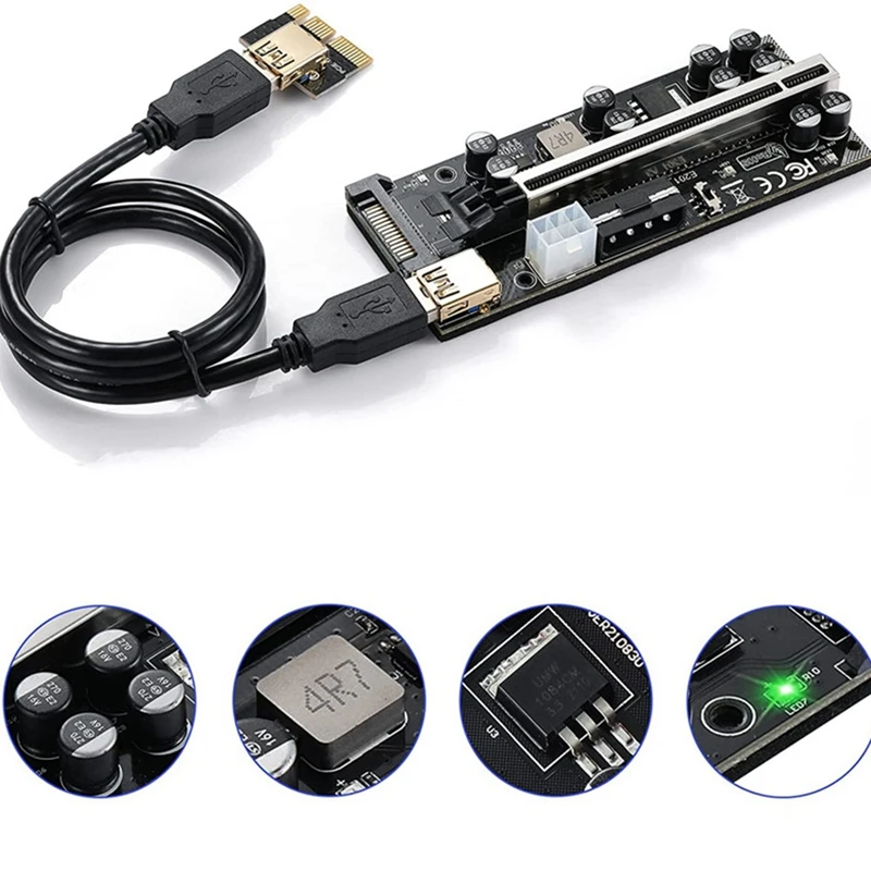 BTC 마이닝용 PCI-E 라이저 카드, 최신 VER009S PRO USB 3.0, PCI-E 라이저 익스프레스 16X 익스텐더 어댑터 카드, 6 개