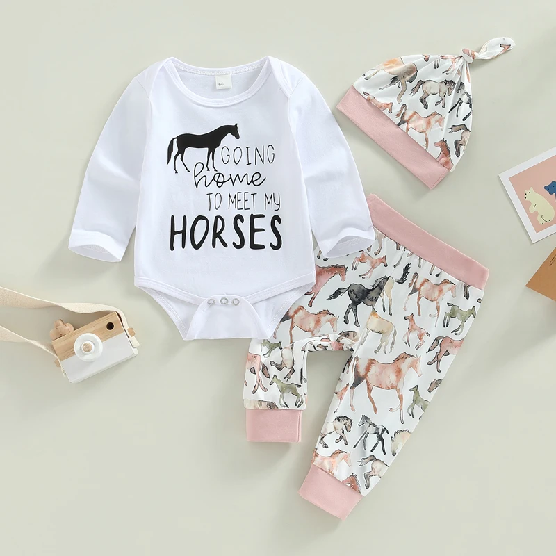 2022-11-17 Lioraitiin Infant Girl Autumn Jumpsuit Set, Long Sleeve Round Neck Letter Print Romper + Horse Pattern Pants + Hat