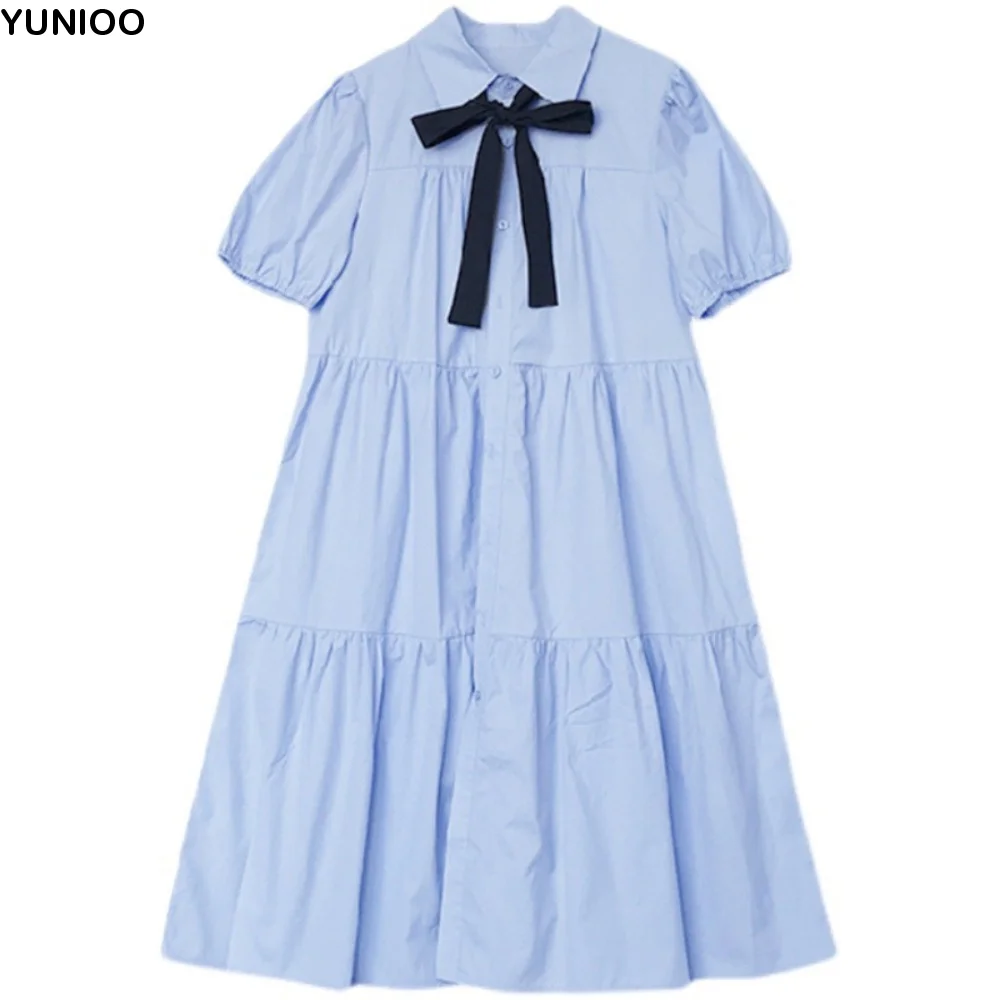 

Ins Bowknot Girl Princess Dress Loose Preppy Style Teenagers Shirt Dress Puff Short Sleeve Sweet Children Bubble Dresses Kids