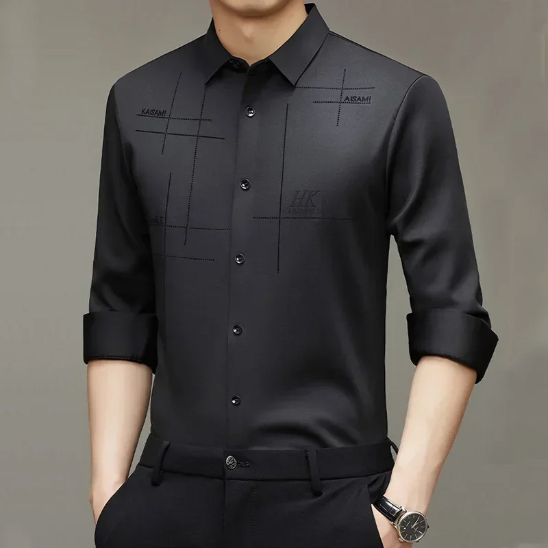 

LIBIELIY High Elastic Quality Autumn Men's Long Sleeved Shirt New Seamless Shirt Wrinkle Resistant And Ironless Business Dress S