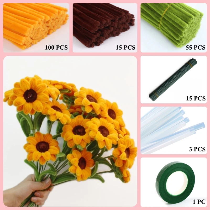 

170 PCS * Pipe Cleaner Chenille Stems Handmade Sunflower Making Kit DIY Art Flower Bouquet Craft Set Hot Glue Sticks Tape