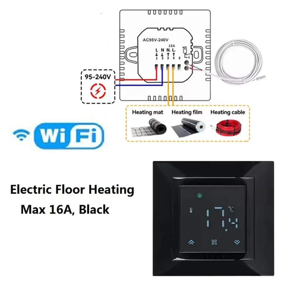 WiFi Smart Underfloor Heating Thermostat Digital Controller For Electric Heater With Weekly Programmable Schedule App Control