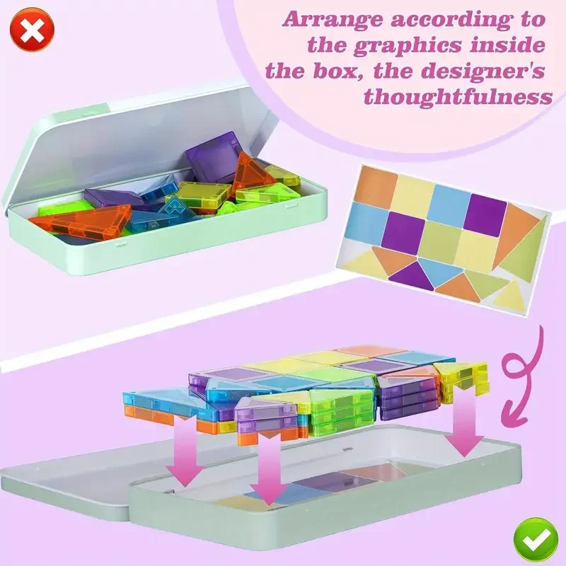 Magnetische bouwsteenreisset, gemakkelijk mee te nemen met ijzeren opbergdoos, creatieve bouwset, educatief speelgoed met stengel voor kinderen