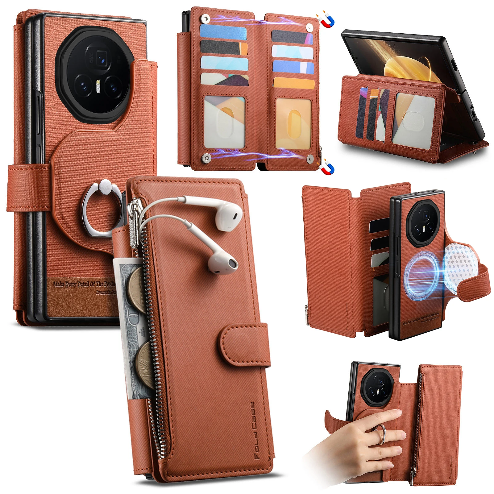 Etui na Honor Magic V3 5G 2 w 1 Magnetyczne Skórzane Bezprzewodowe Ładowanie Karty Kredytowe Uchwyt Pierścień Portfel Składane Odporne na Wstrząsy — zdjęcie produktu 6