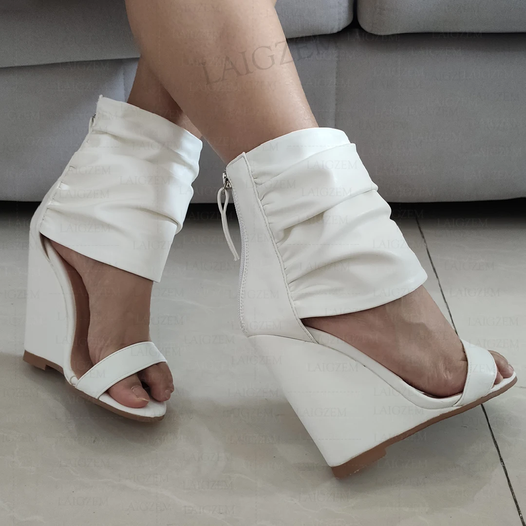 

LAIGZEM Women Sandals Wedges Peep Toe Pumps Back Zip Up Pleated Faux Leather Female Wedding Shoes Woman Big Size 37 41 44 47