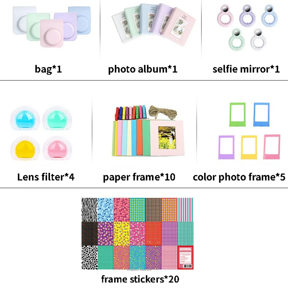 7-in-1 Set For Fujifilm Mini12 Solid Color Camera Bag 64Album Sticker Photo Frame Selfie Mirror Filter