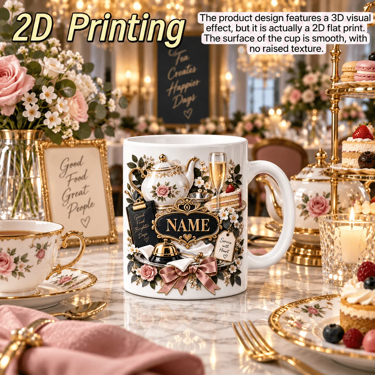 Personalized Tea Party Mug 11oz Custom Name Elegant Service Ceramic Coffee Cup 2D Print Teapot Cake Champagne Floral Gift for Se