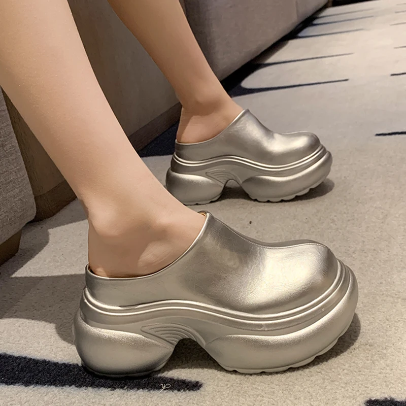 Trendy Women Lady Backless Glossy Round Toe Thick Chunky Platform Casual Non Slip Y2K Slip On Mules Clogs Sandals Slippers Shoes