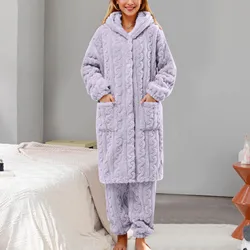 Warm Flannel Women Autumn Winter Pyjamas Sets Thick Coral Velvet Long Top Solid Color Sleepwear Casual Flannel Pajamas Homewear