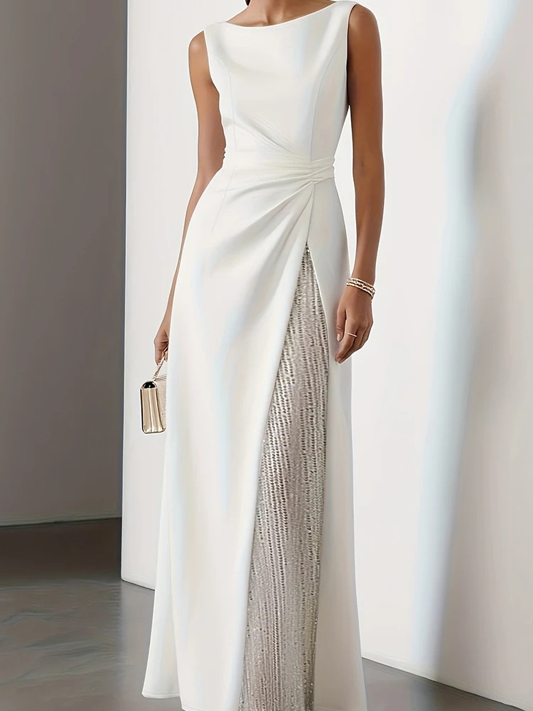 Elegant O-neck Women's Evening Dress Fashion Sleeveless Solid Spliced Mesh Dress Temperament High Waist Hollow Out Summer Dress