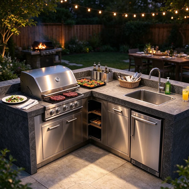 Modular Outdoor Kitchen BBQ Pod Island Grill Station Aluminum Pergola Stainless Steel Cabinet Sink Fridge Shed Patio Corner Bar