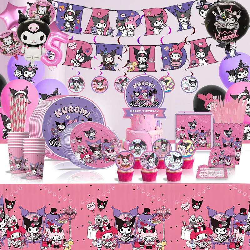 

Kuromi Birthday Party Decoration Cute Disposable Set Tableware Tablecloth Balloon Sticker Banner Baby Shower Gift Supplies Toy