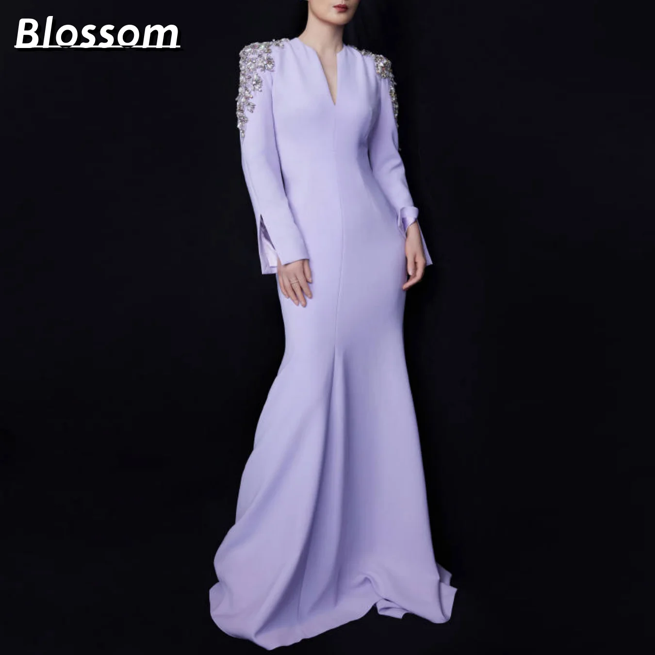 Lilac Rhinestone Beaded Prom Dresses Long Sleeves Floor-length V-neck Zipper-up Elegant Evening Dresses 2024 Formal Party Gown