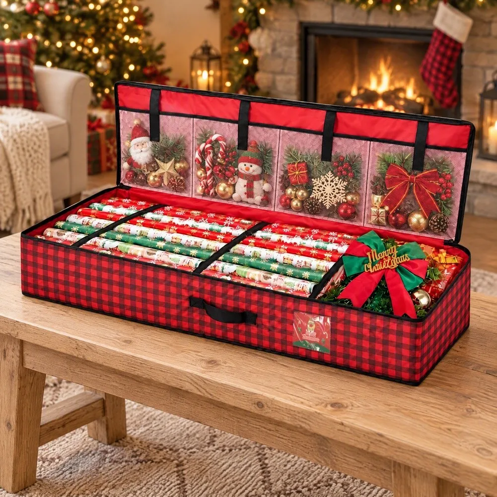Storage Bag for Holiday Ornaments Red with Functional Dividers Clear Pockets Closure and Convenient Handles 99x35x15cm