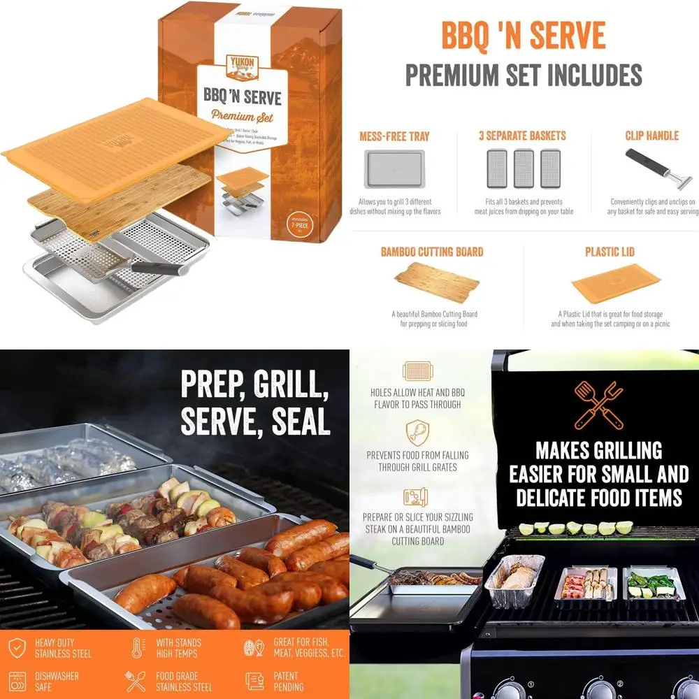 

Premium BBQ Set with 3 Grill Baskets, Serving Tray, Bamboo Cutting Board, Plastic Lid, and Clip-on Handle