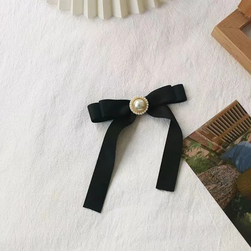 Black Satin Ribbon Bow Brooch Pearl Floating Tie Tie Flower College Style Pin Small Clothing Decoration Accessories