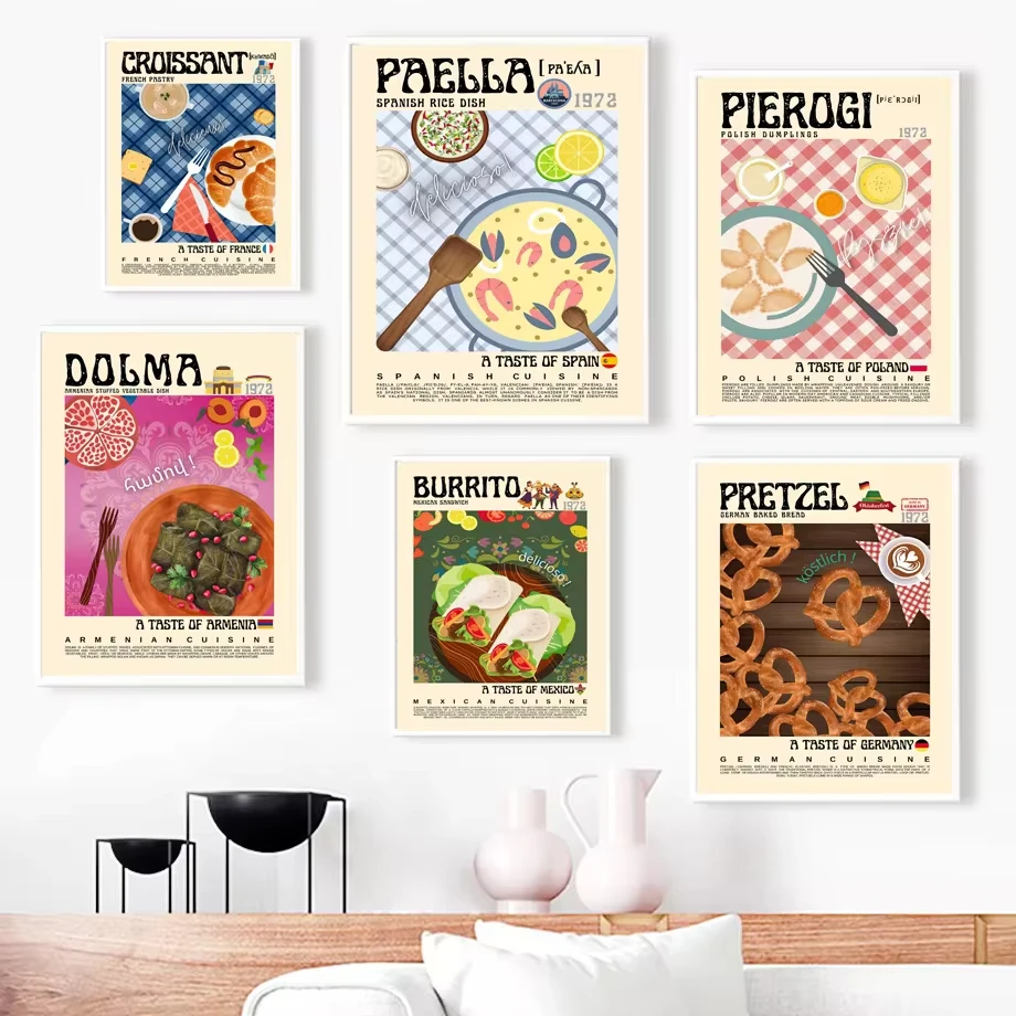 Pintura en lienzo de comida, carteles nórdicos e impresiones de Paella, Pizza, Stollen, Taco, Dolma, arte de pared para decoración de cocina