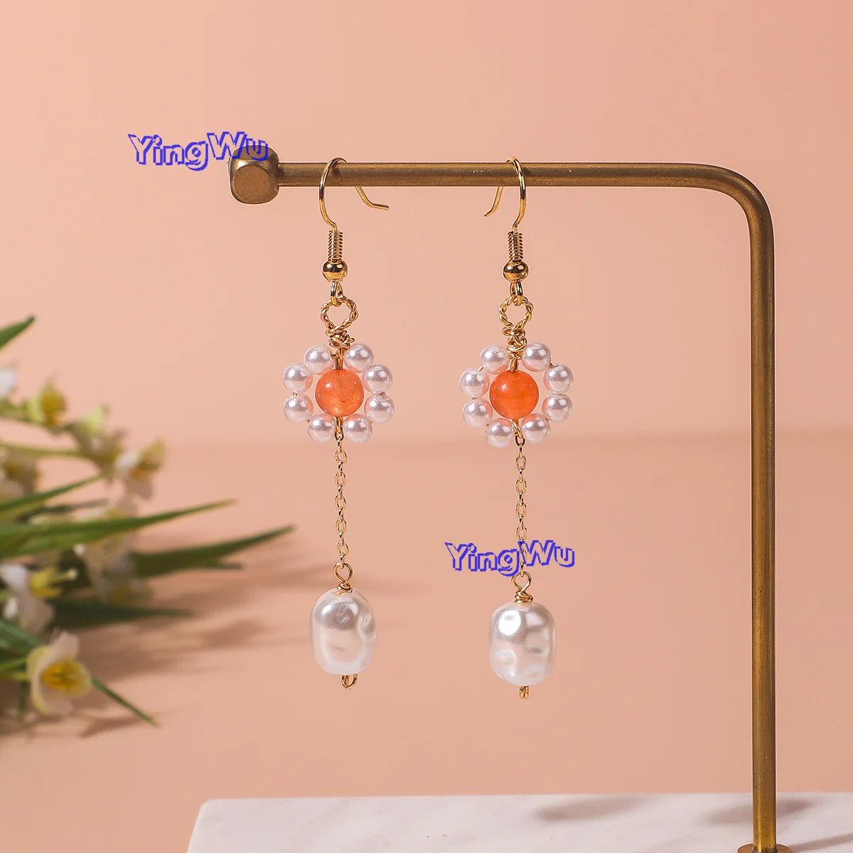 Yingwu 1Pairs Flower Resin Pearl Handmade Women Dangle Earrings