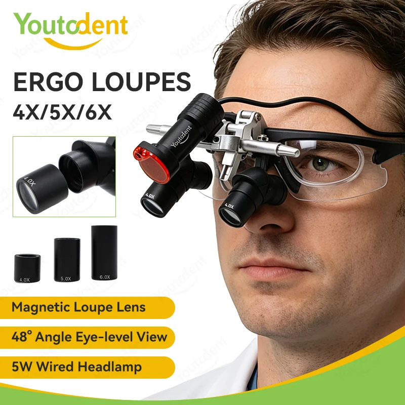 

4X5X6X Dental Magnetic Lens Ergo Loupes 48°Binocular Surgical Magnifier with 5W Wired Headlamp