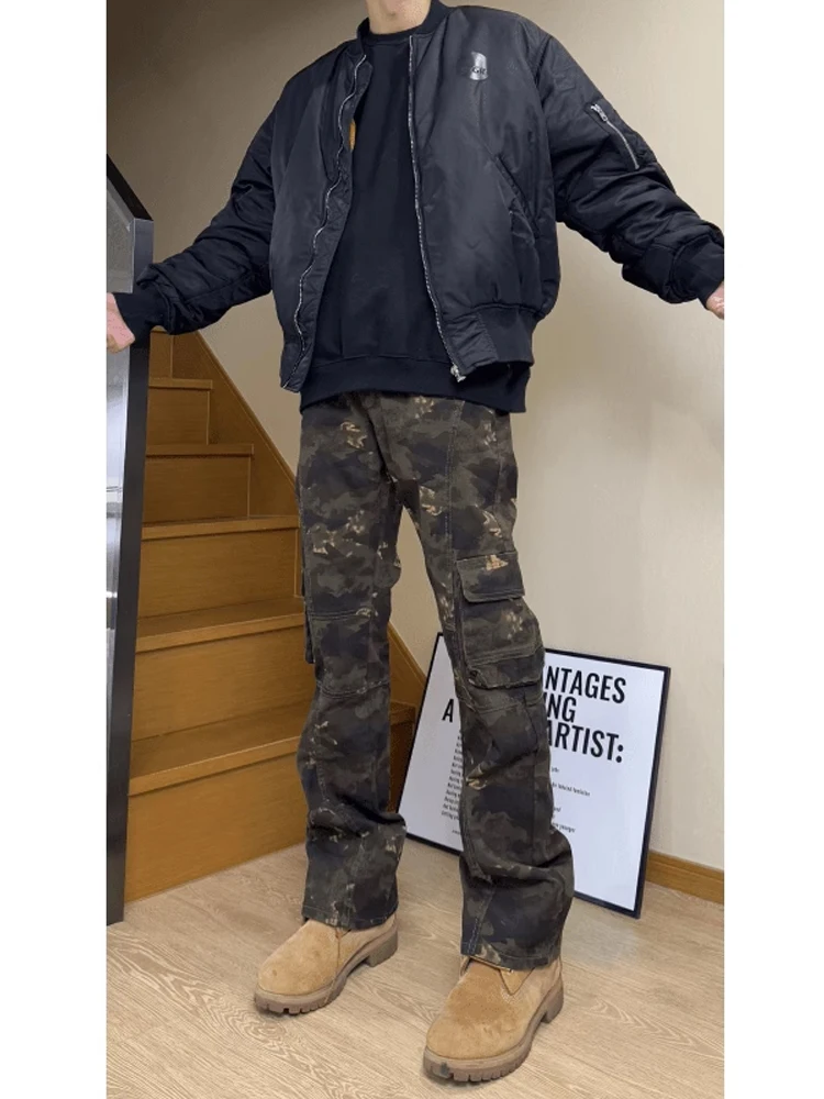 

Retro Camouflage Workwear Jeans Men's Autumn Winter American High Street Vibe Pants Elastic Slimming Micro Flare Pants