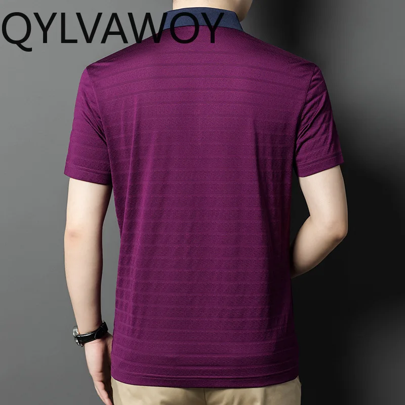 QYLVAWOY 100% Pure Mulberry Silk Shirt Men Clothing Summer High-end Polo T Shirts Lapel Collar Fashion Striped Short Sleeve Tops