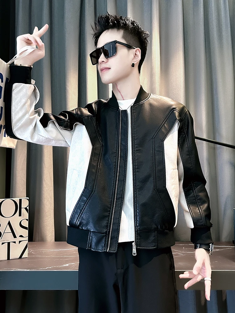 

Модный высококачественный лоскутный цветной кожаный жилет Blo, мужской весенне-осенний новый кожаный жилет с бейсбольным воротником, теплый защитный...