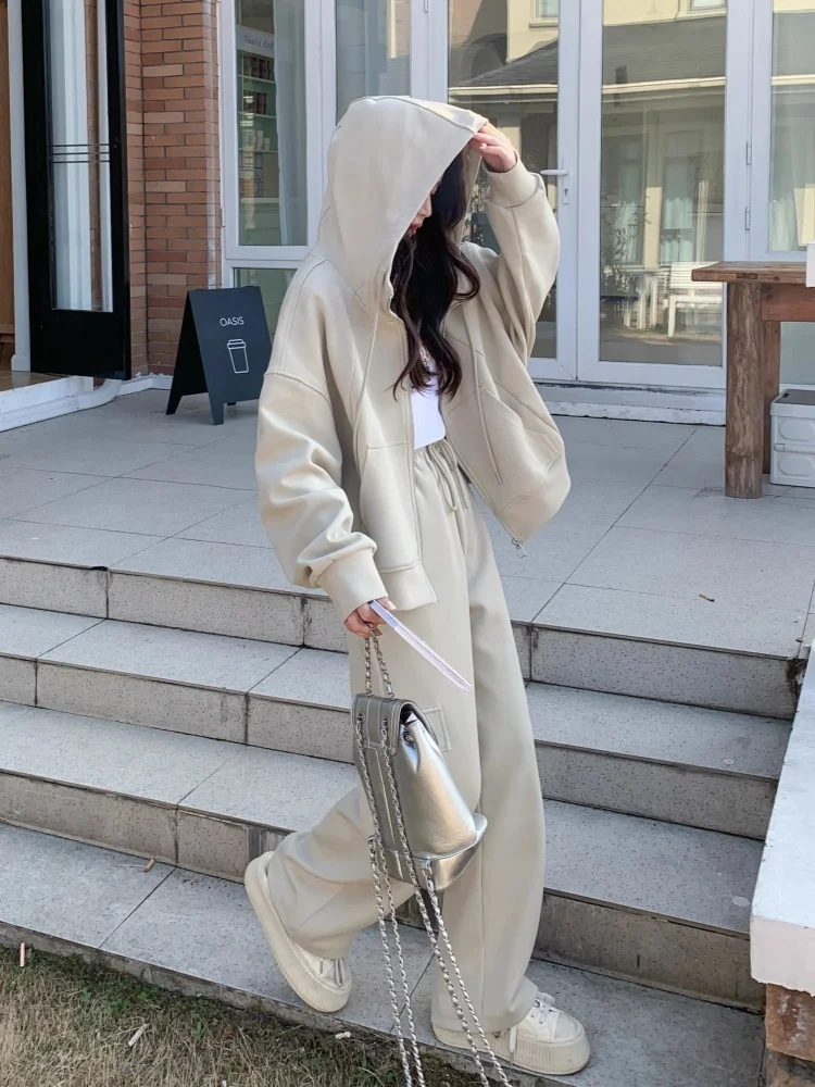 

Комплект Laid-ba: худи и брюки с широкими штанинами для женщин, ранняя осень, модный, приталенный, дышащий, с декоративной молнией, повседневный