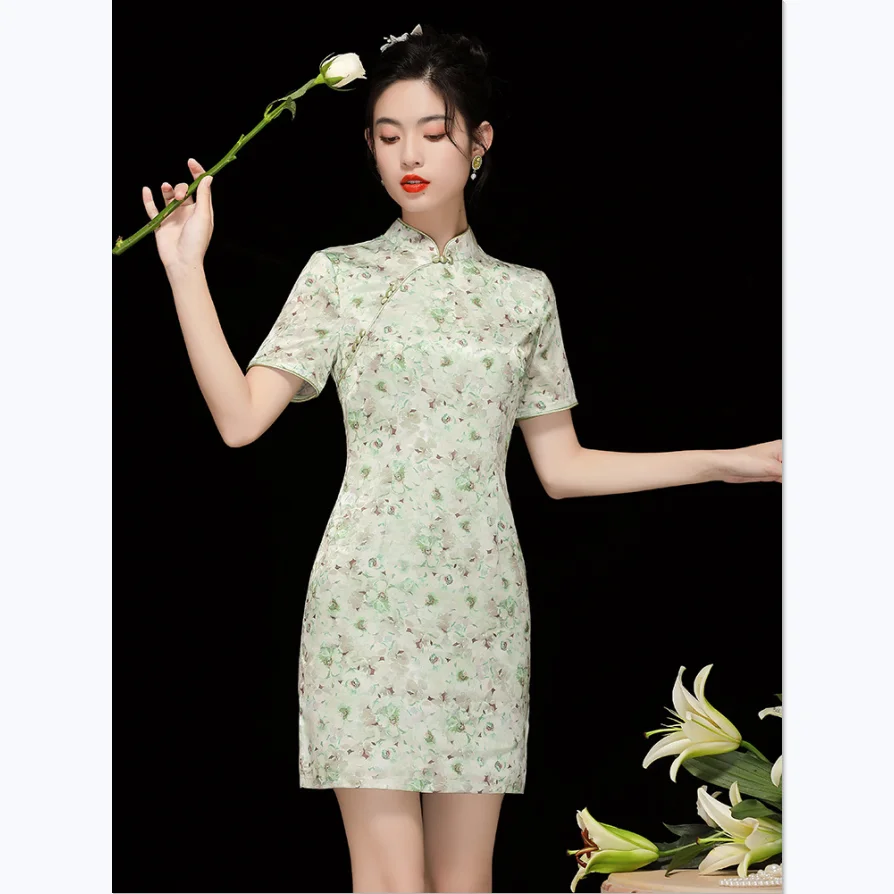 Gaun Vintage musim panas, gadis muda gaya Cina kerah berdiri lengan pendek ramping elegan hijau muda dicetak ditingkatkan Cheongsam Mini