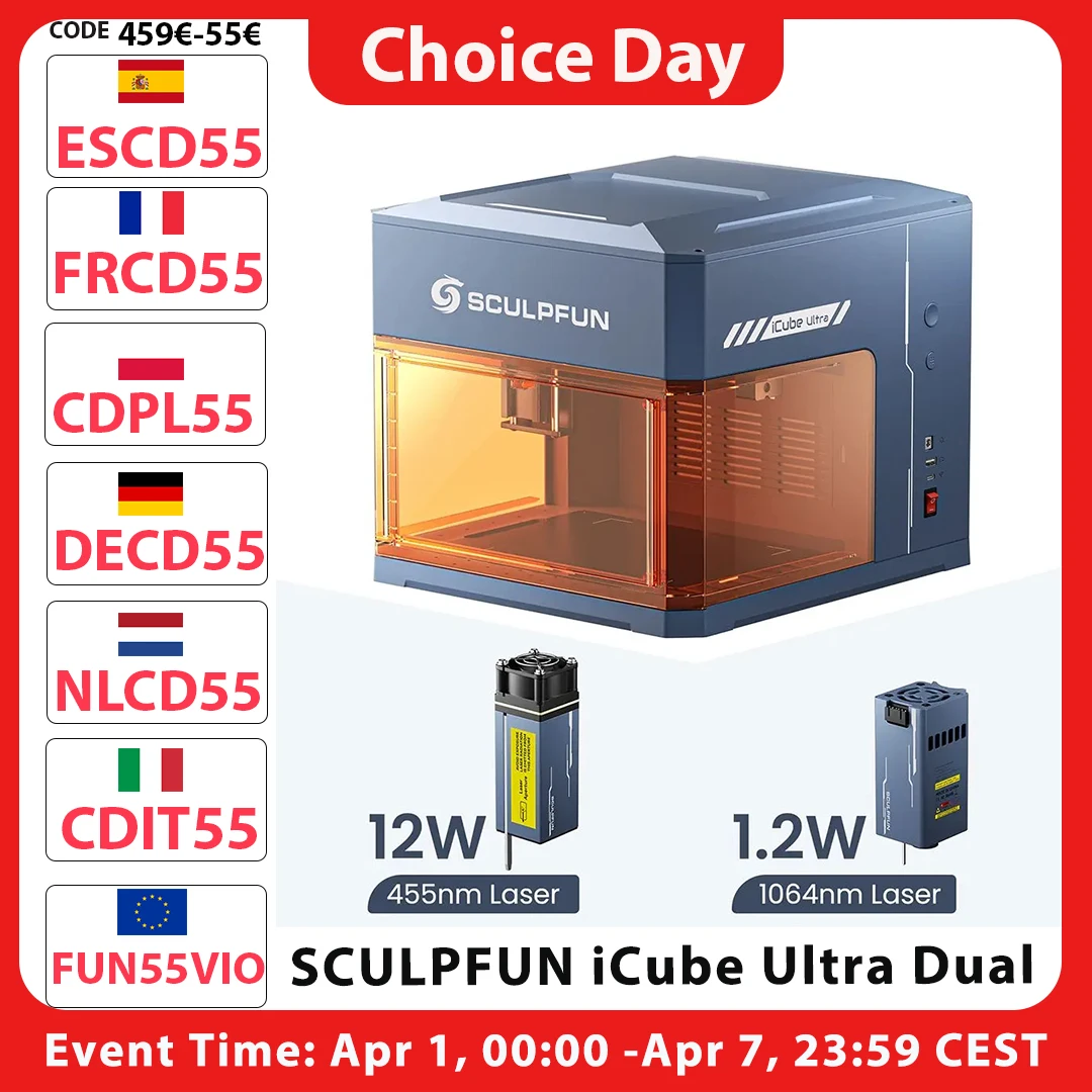 Graveur laser SCULPFUN iCube Ultra Dual 12W+1.2W, vitesse de 10000 mm/min, point laser de 0,08/0,03 mm, 150x135 mm, filtre à fumée intégré