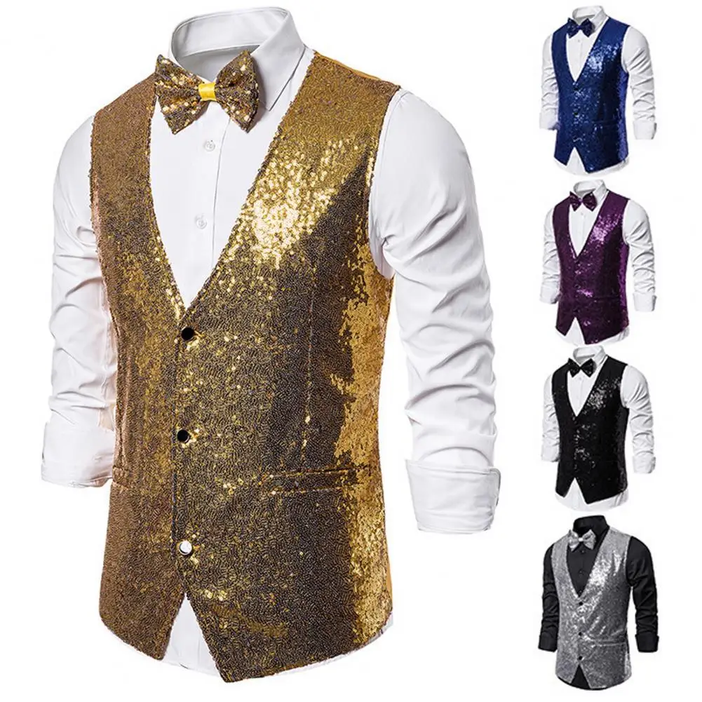 Men Suit Vest Elegant Sequin Bow Decor Single-breasted Vest For Men Men Formal Suit Vest Sleeveless Suit Jacket Blazer Vests