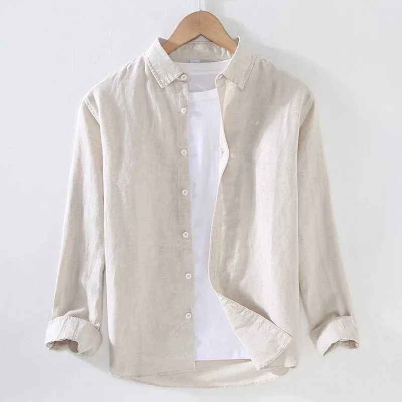 Lightweight Cotton Linen Men's Long Sleeve Casual Loose Fit Shirt Breathable Comfortable Spring Summer White Inner Wear Trendy